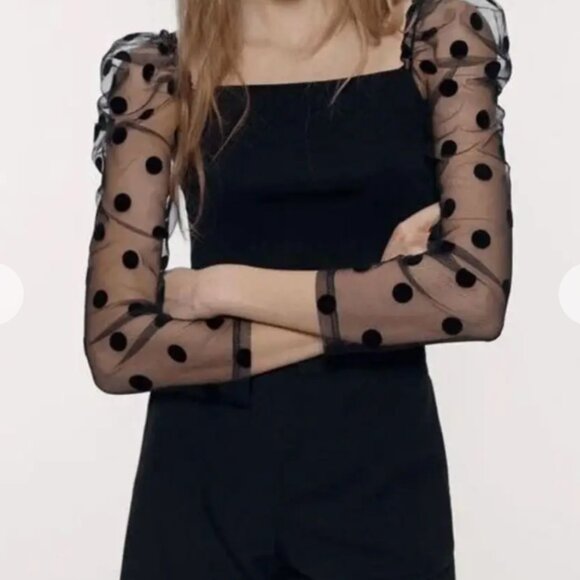 ZARA Combination Polka Dot Sheer Sleeve Knit Crop Black Ribbed Top | Size L - Picture 2 of 6